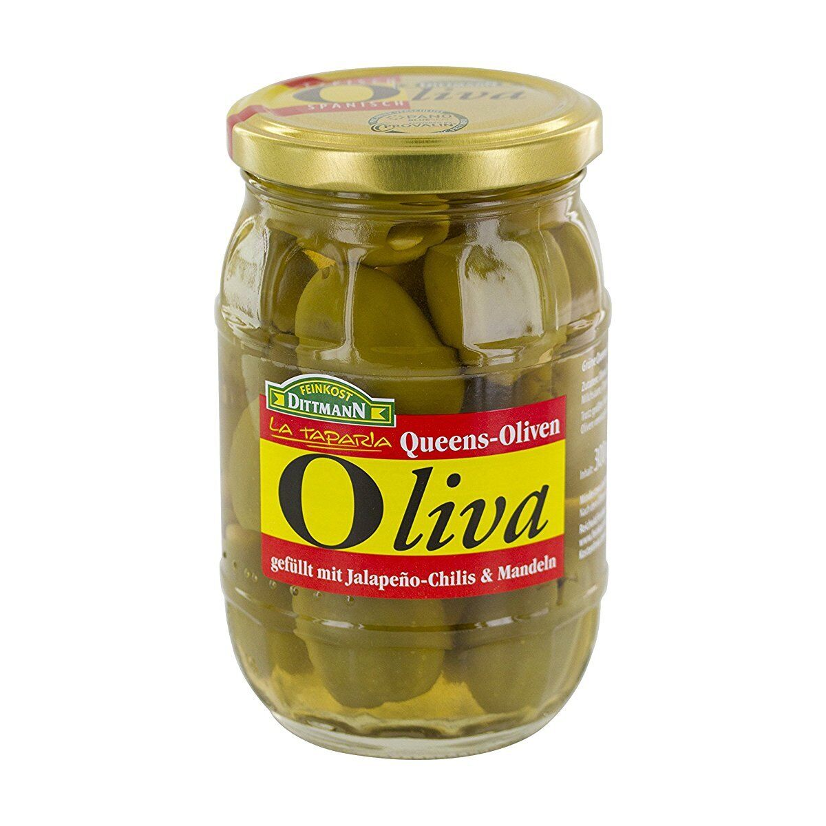 Feinkost Dittmann Oliva Queens Oliven mit Mandeln und Jalapeno Chilis 300g