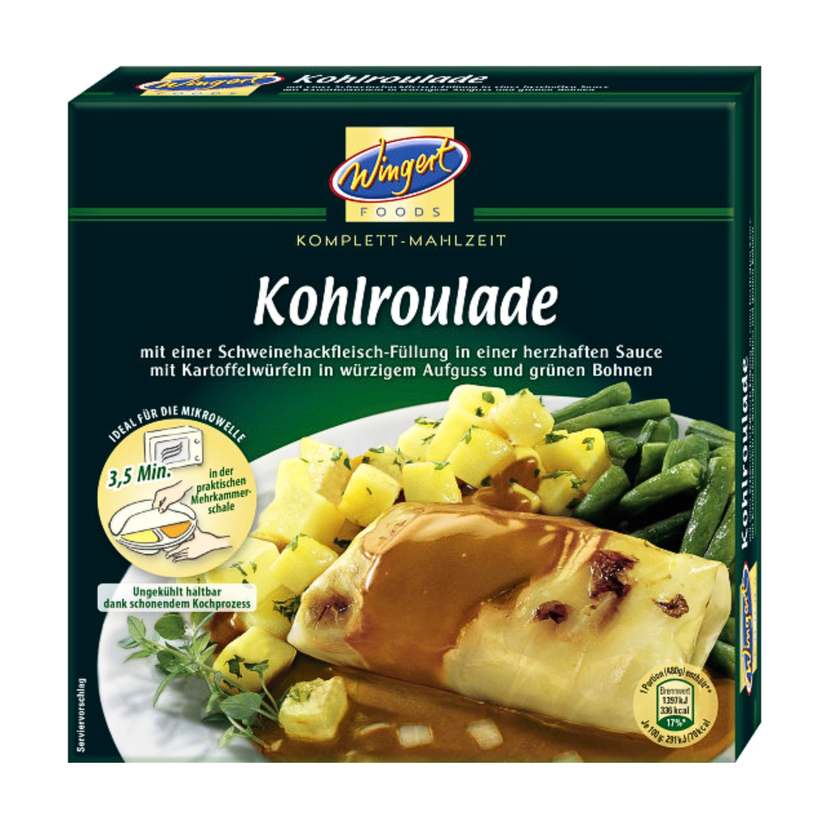 Wingert Foods Kohlroulade in feinwürziger Sauce mit Kartoffelwürfeln und grünen Bohnen 480g