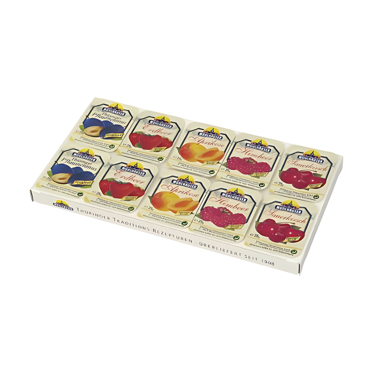 Mühlhäuser Pflaumenmus, Erdbeere, Sauerkirsch, Aprikose, Pfirsich-Maracuja Konfitüre Extra 5-fach 10x25g