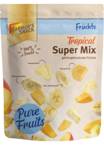 Farmer's Snack Super Mix Tropical with frozen mango and pineapple pieces and banana slices 25g