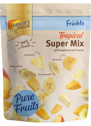 Farmer's Snack Super Mix Tropical with frozen mango and pineapple pieces and banana slices 25g