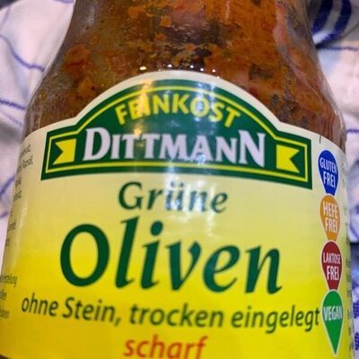 Feinkost Dittmann Grüne Oliven ohne Stein trocken eingelegt scharf 170g