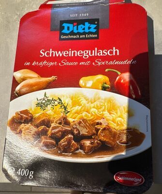 Schlemmerland Schweinegulasch in kräftiger Sauce mit Spiralnudeln 400g