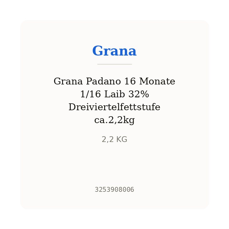 Grana Padano 16 Monate 1/16 Laib 32% Dreiviertelfettstufe ca.2,2kg