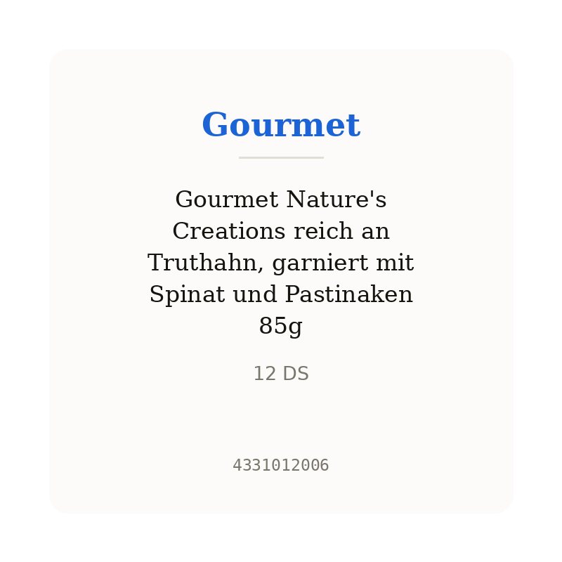 Gourmet Nature's Creations reich an Truthahn, garniert mit Spinat und Pastinaken 85g