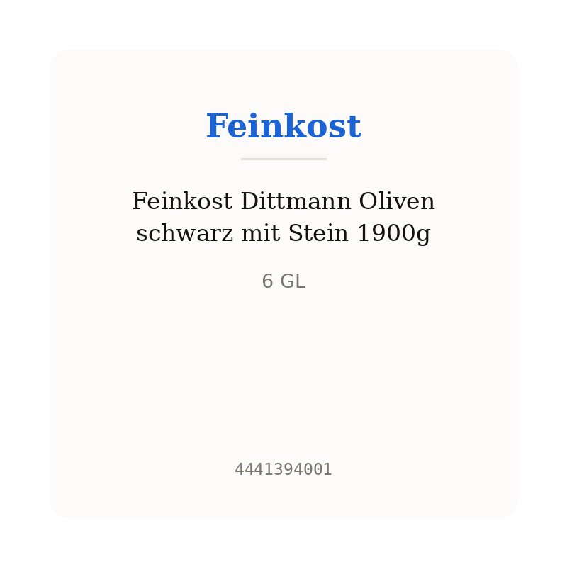 Feinkost Dittmann Oliven schwarz mit Stein 1900g