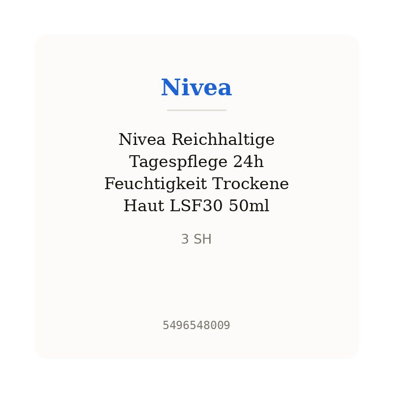 Nivea Reichhaltige Tagespflege 24h Feuchtigkeit Trockene Haut LSF30 50ml