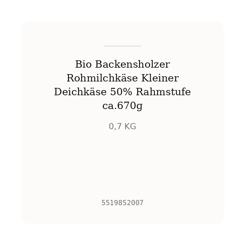 Bio Backensholzer Rohmilchkäse Kleiner Deichkäse 50% Rahmstufe ca.670g