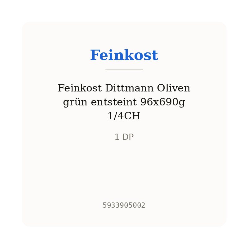 Feinkost Dittmann Oliven grün entsteint 96x690g 1/4CH