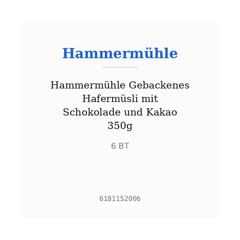 Hammermühle Gebackenes Hafermüsli mit Schokolade und Kakao 350g