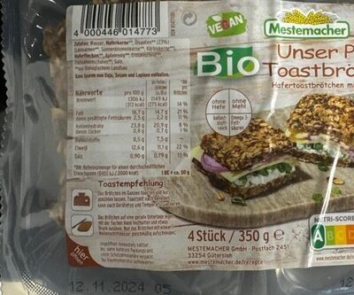 Bio Mestemacher Unser Pures Toastbrötchen 4ST 350g