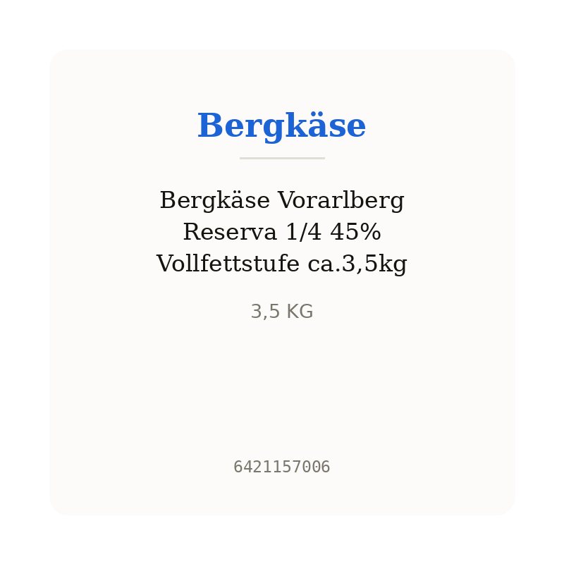 Bergkäse Vorarlberg Reserva 1/4 45% Vollfettstufe ca.3,5kg