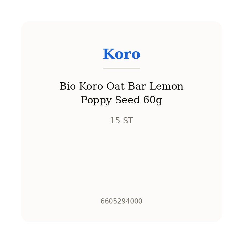 Bio Koro Oat Bar Lemon Poppy Seed 60g