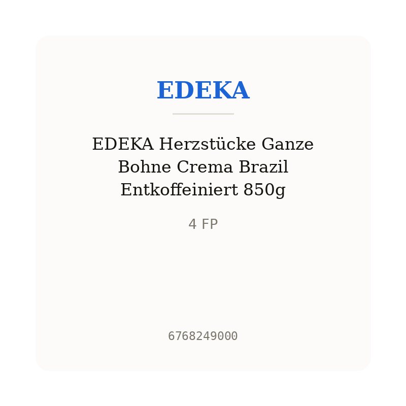 EDEKA Herzstücke Ganze Bohne Crema Brazil Entkoffeiniert 850g