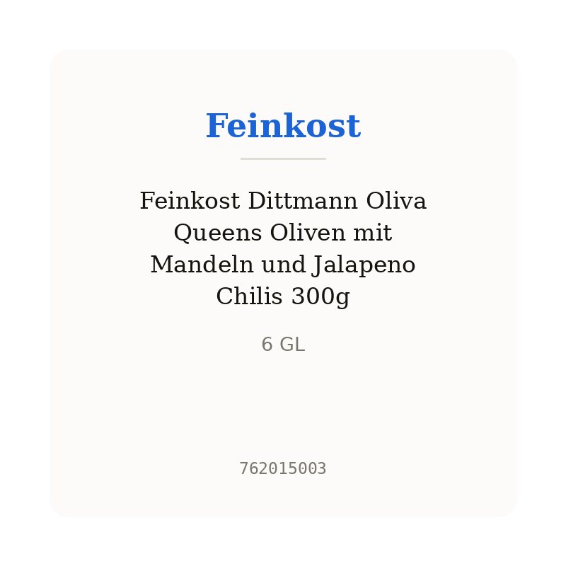 Feinkost Dittmann Oliva Queens Oliven mit Mandeln und Jalapeno Chilis 300g