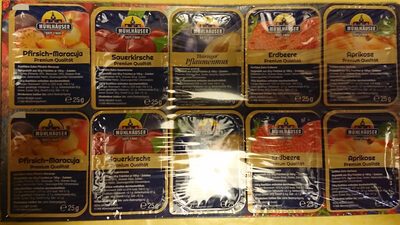 Mühlhäuser Pflaumenmus, Erdbeere, Sauerkirsch, Aprikose, Pfirsich-Maracuja Konfitüre Extra 5-fach 10x25g